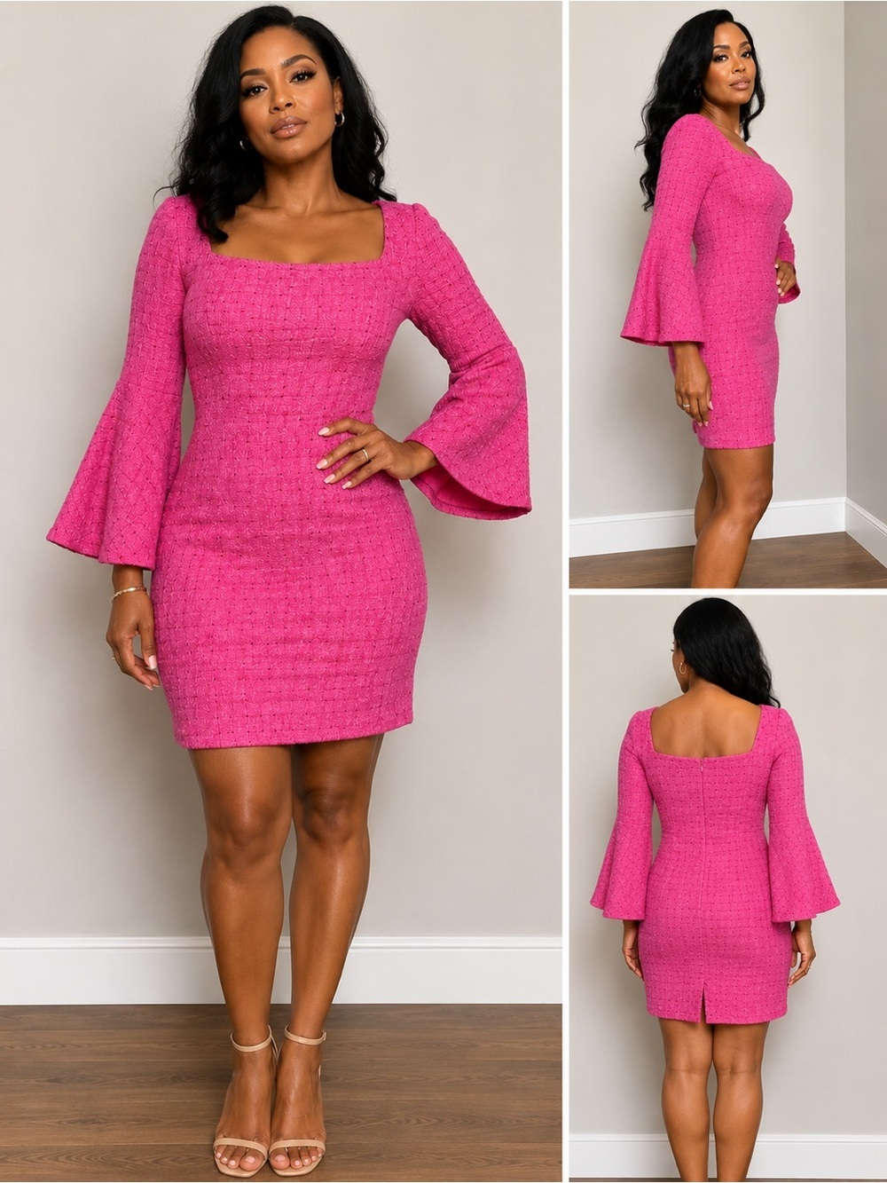 Trina Turk Pink Textured Bell Sleeve Sheath Dress Square Neck Size 10